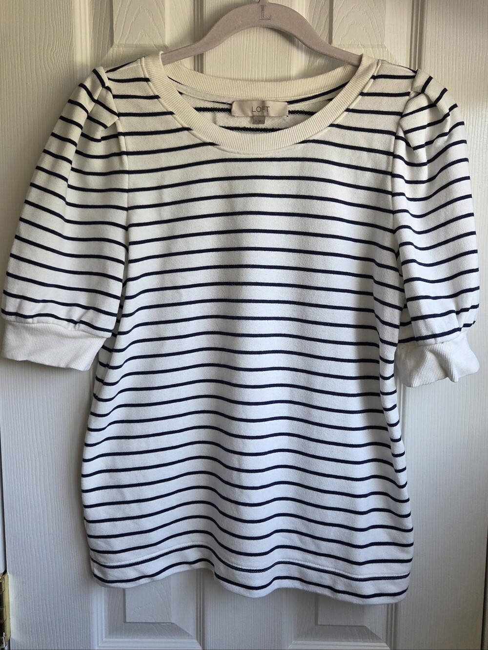 LOFT White and Navy Striped Pleated Puff Short Sleeve Sweatshirt